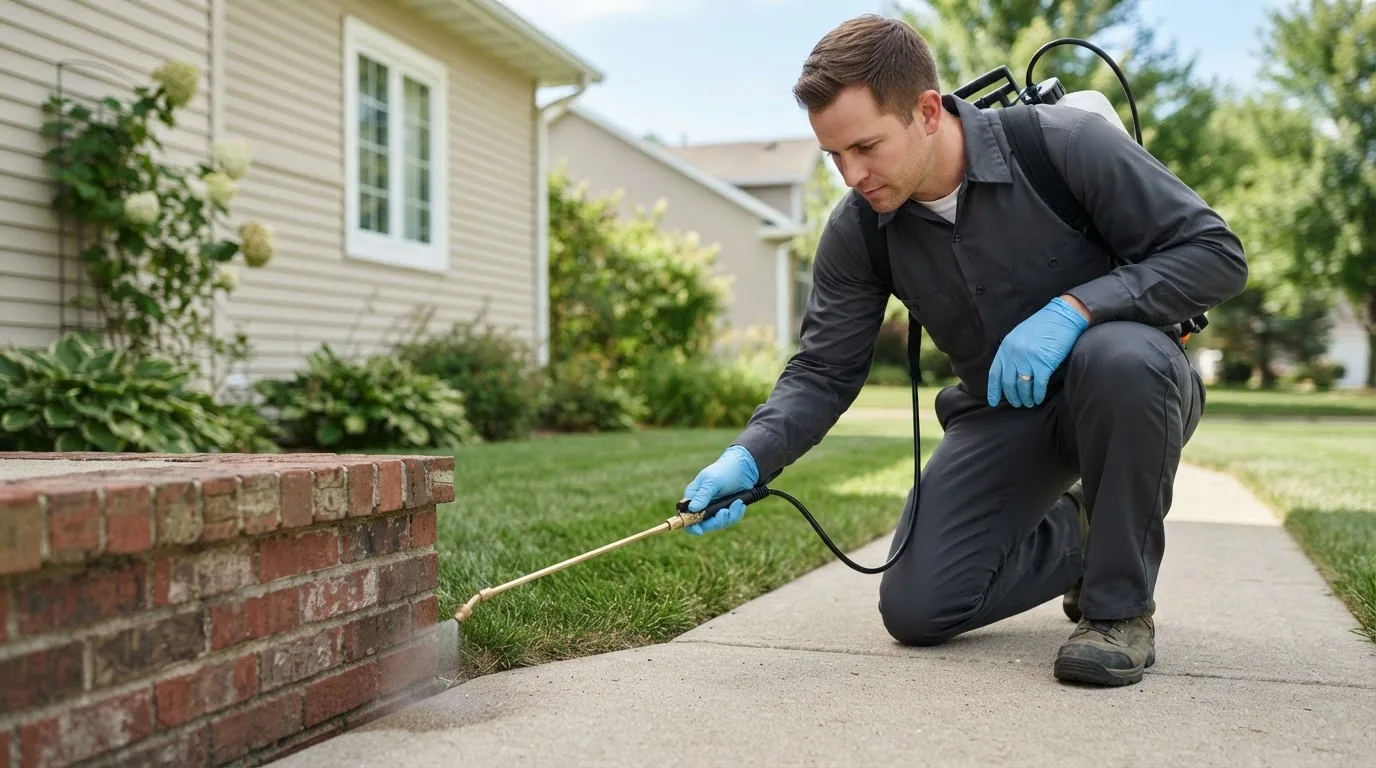 Pest control technician treating a home near Huntsburg, OH