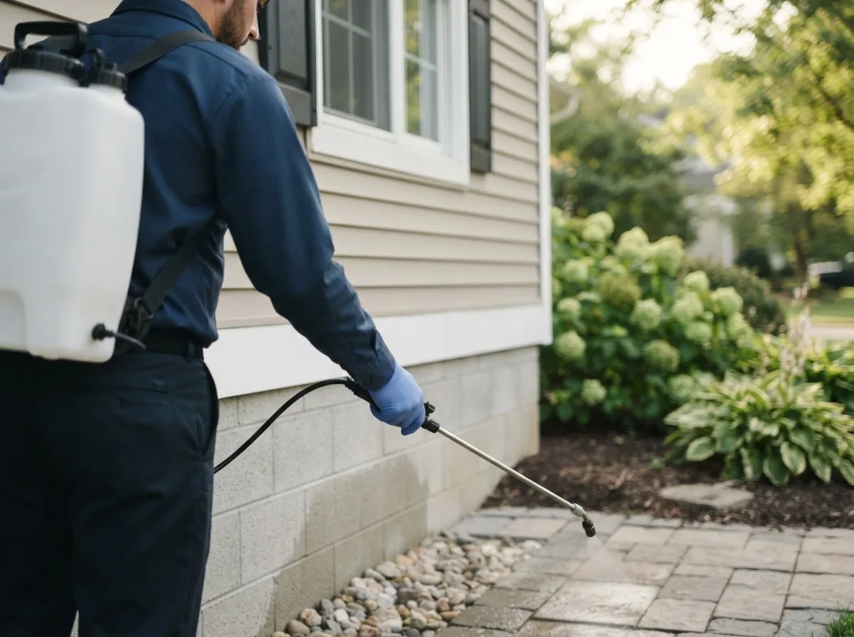 Pest control technician inspecting a home in Huntsburg, OH